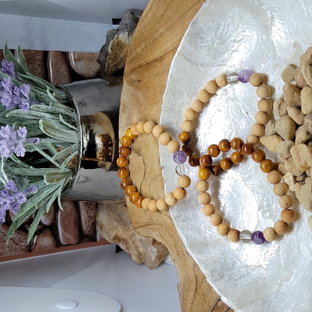 Essential oil infused Amethyst, Clear quartz orange titanium gemstone  bracelets